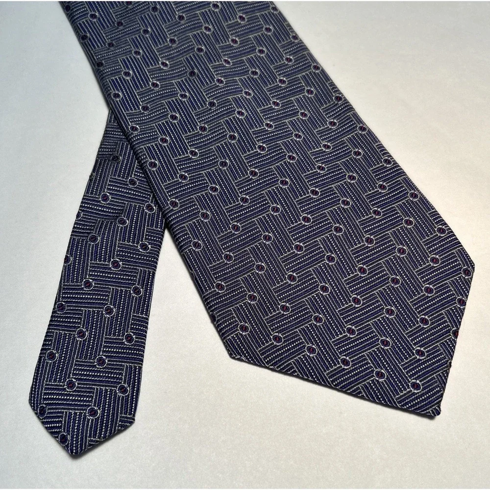 Ralph Lauren Silk Tie Green Label Blue Geometric Print Hand Finished Made in USA
